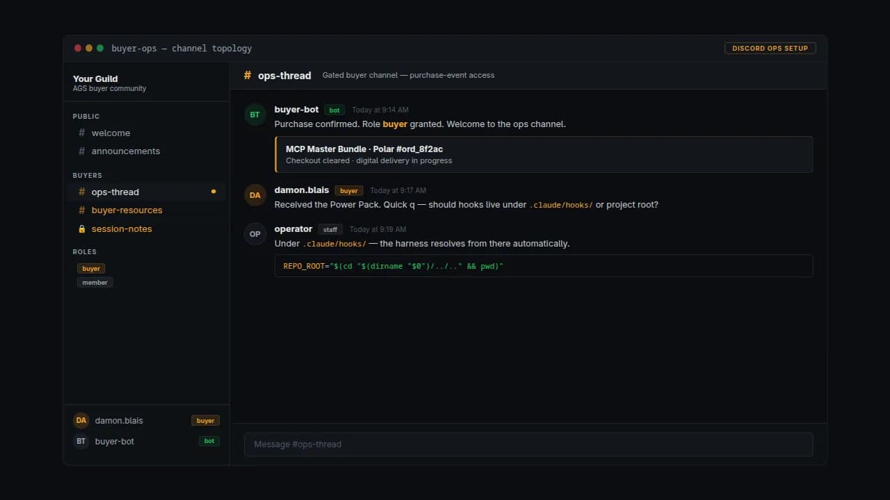 Slate-palette chat UI showing guild sidebar with buyer-gated channels, role chips, and a buyer-bot purchase-confirmed message thread