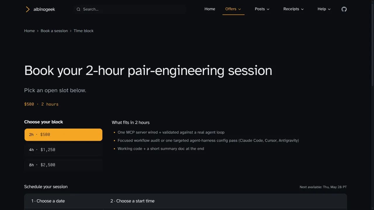 Live booking page showing 2h / 4h / 8h tier selector and session scheduler with next available slot